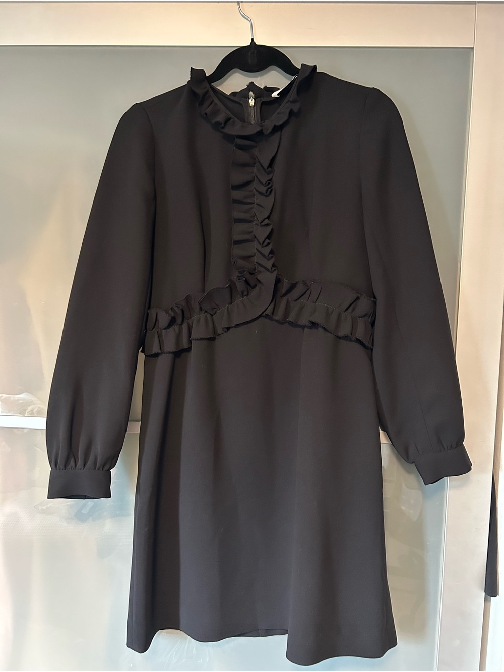 Sandro Black Long-Sleeve Ruffle-Front Dress